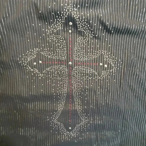 For Him London Men's Black Pinstripe Rhinestone Cross Button Up Shirt L - Picture 13 of 16